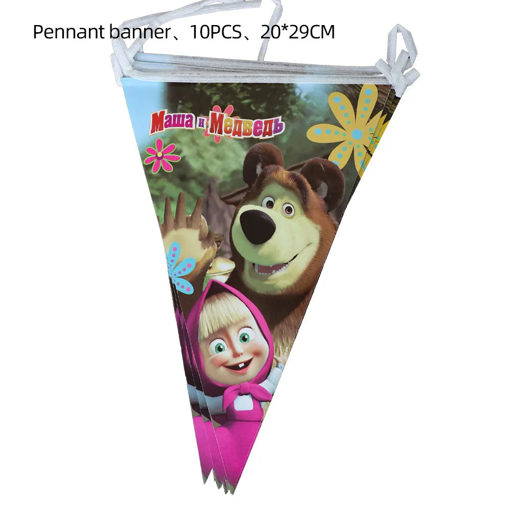 Pennant banner featuring Masha and the Bear characters on a yellow background