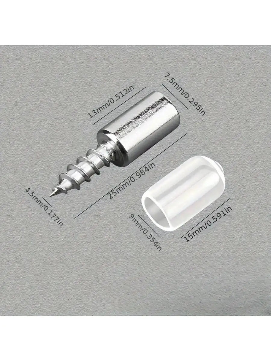 A silver heavy-duty shelf support peg with a screw and various sizes shown against a gray background.