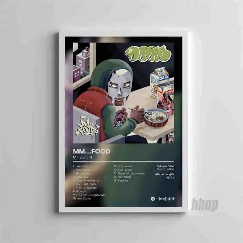 A canvas art poster featuring album artwork and information for the MF DOOM hip-hop artist.