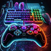 A glowing neon pop gaming setup featuring a mechanical keyboard, mouse, and controller on a dark background.