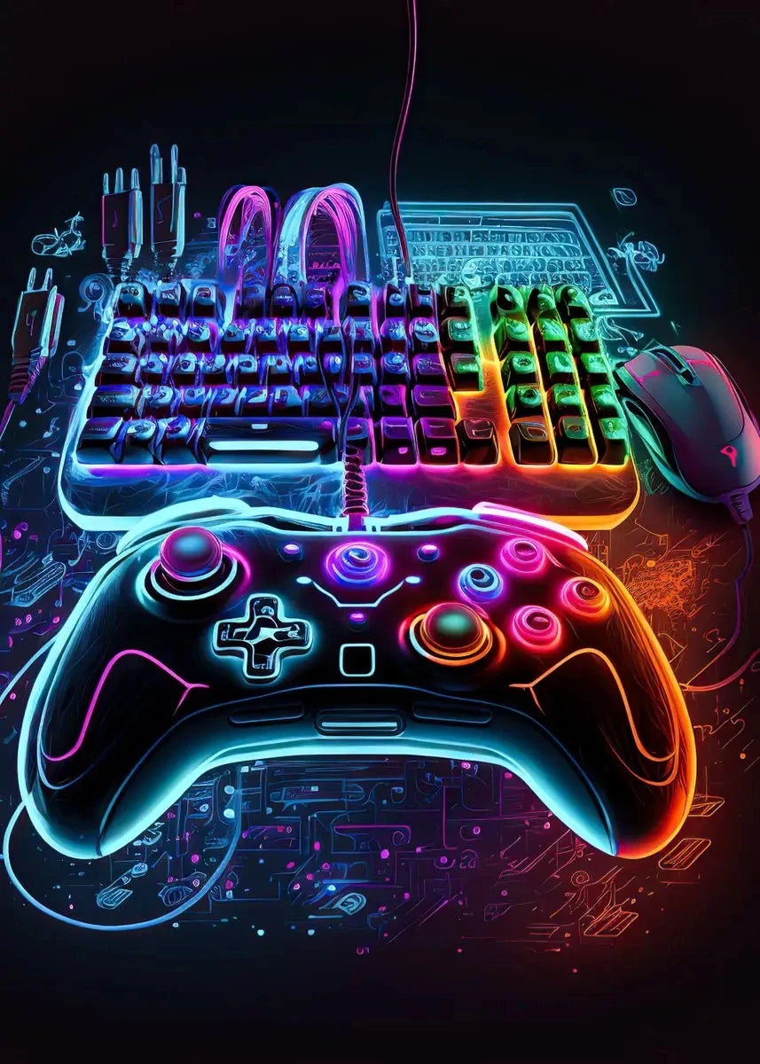 A glowing neon pop gaming setup featuring a mechanical keyboard, mouse, and controller on a dark background.