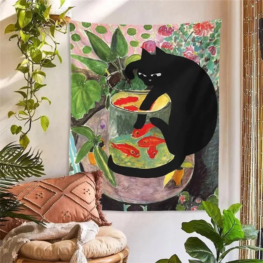 A tapestry featuring a black cat sitting on a glass filled with goldfish, set against a floral background.