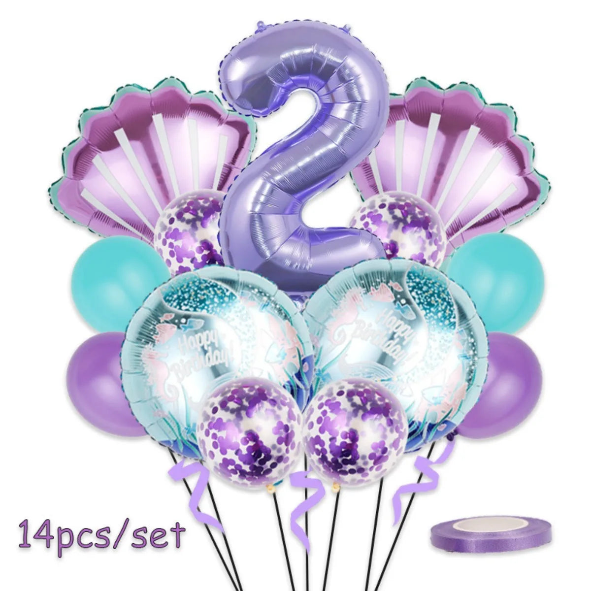 A set of 14 purple and blue mermaid-themed balloons, including large foil numbers and round balloons.