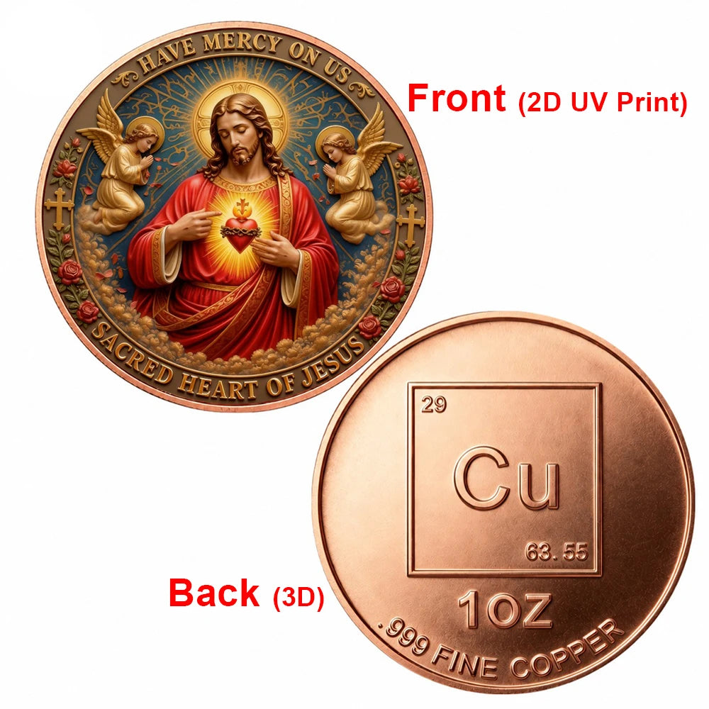 Sacred Heart of Jesus Copper Challenge Coin with Angels