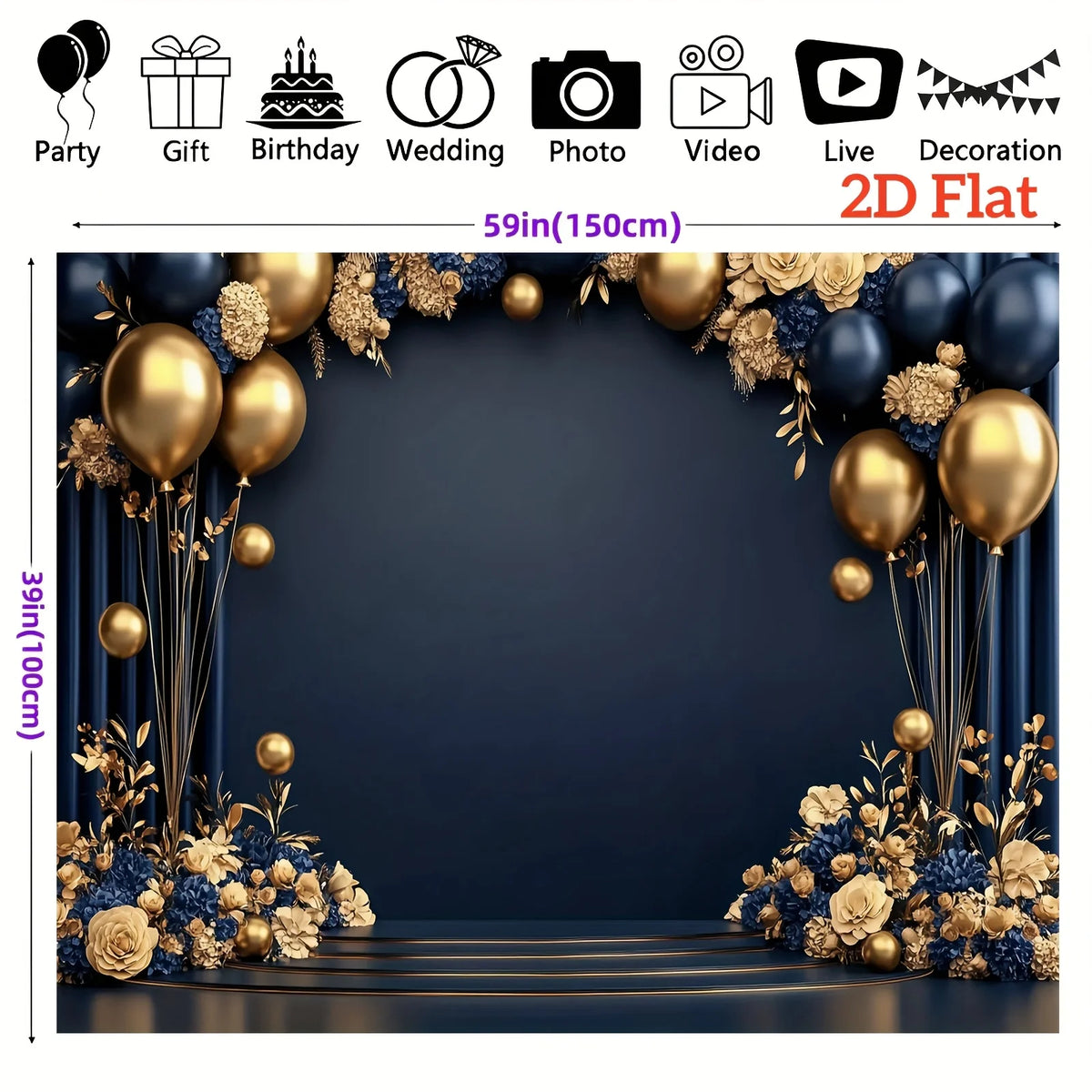 A 2D flat navy blue and gold floral balloon backdrop banner for parties, weddings, or events.