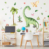 A wall display featuring large dinosaur stickers and various green plants for a kids' room decor