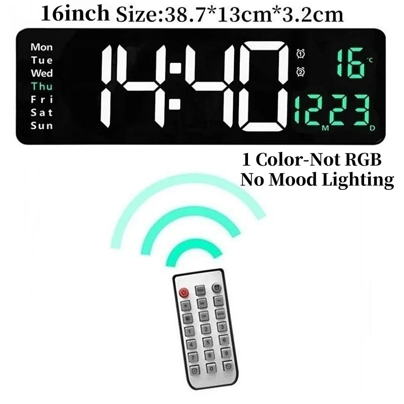 A digital wall clock display showing 14:40 and 16 degrees, with a remote control visible below.
