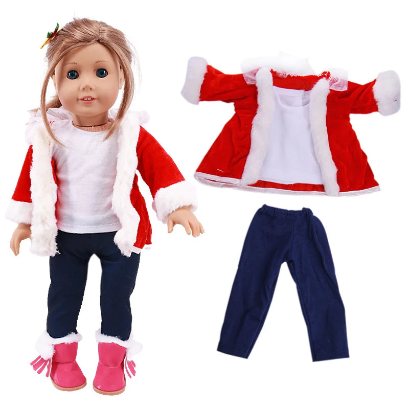 Christmas doll outfit set featuring a red and white jacket and dark pants for dolls
