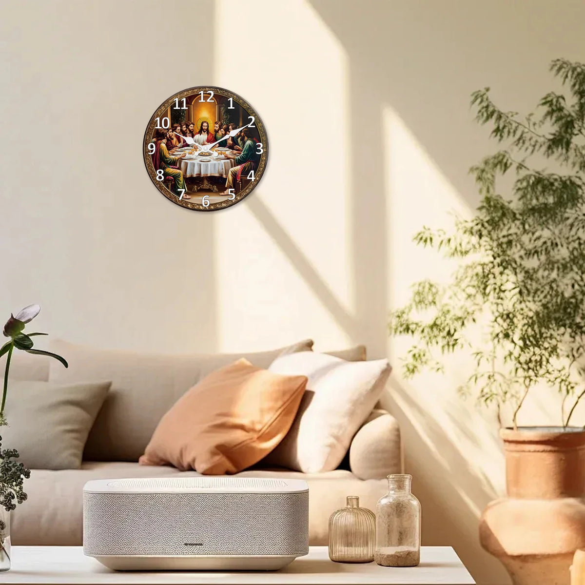 A vintage wooden Last Supper wall clock with a religious scene hangs on a light-colored wall next to a sofa and a modern spea