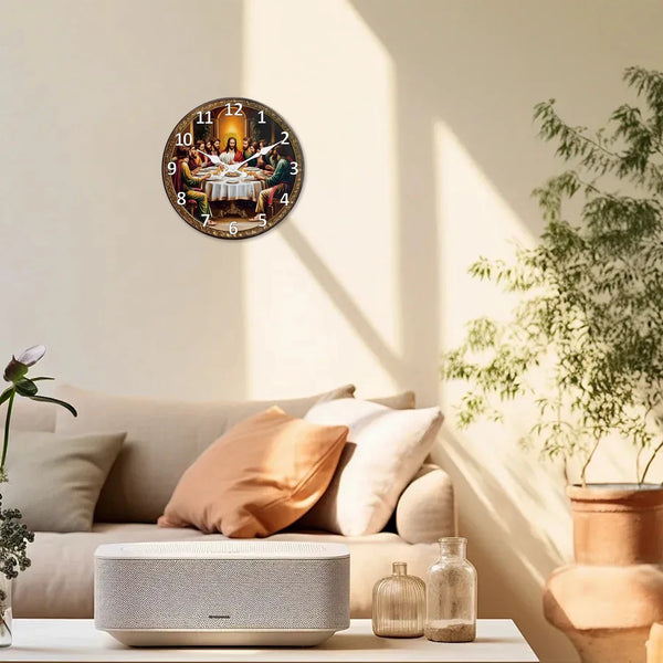 A vintage wooden Last Supper wall clock with a religious scene hangs on a light-colored wall next to a sofa and a modern spea