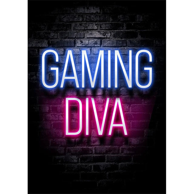 Texto brillante de 'GAMING DIVA' en azul y rosa neón sobre una pared de ladrillo oscura.