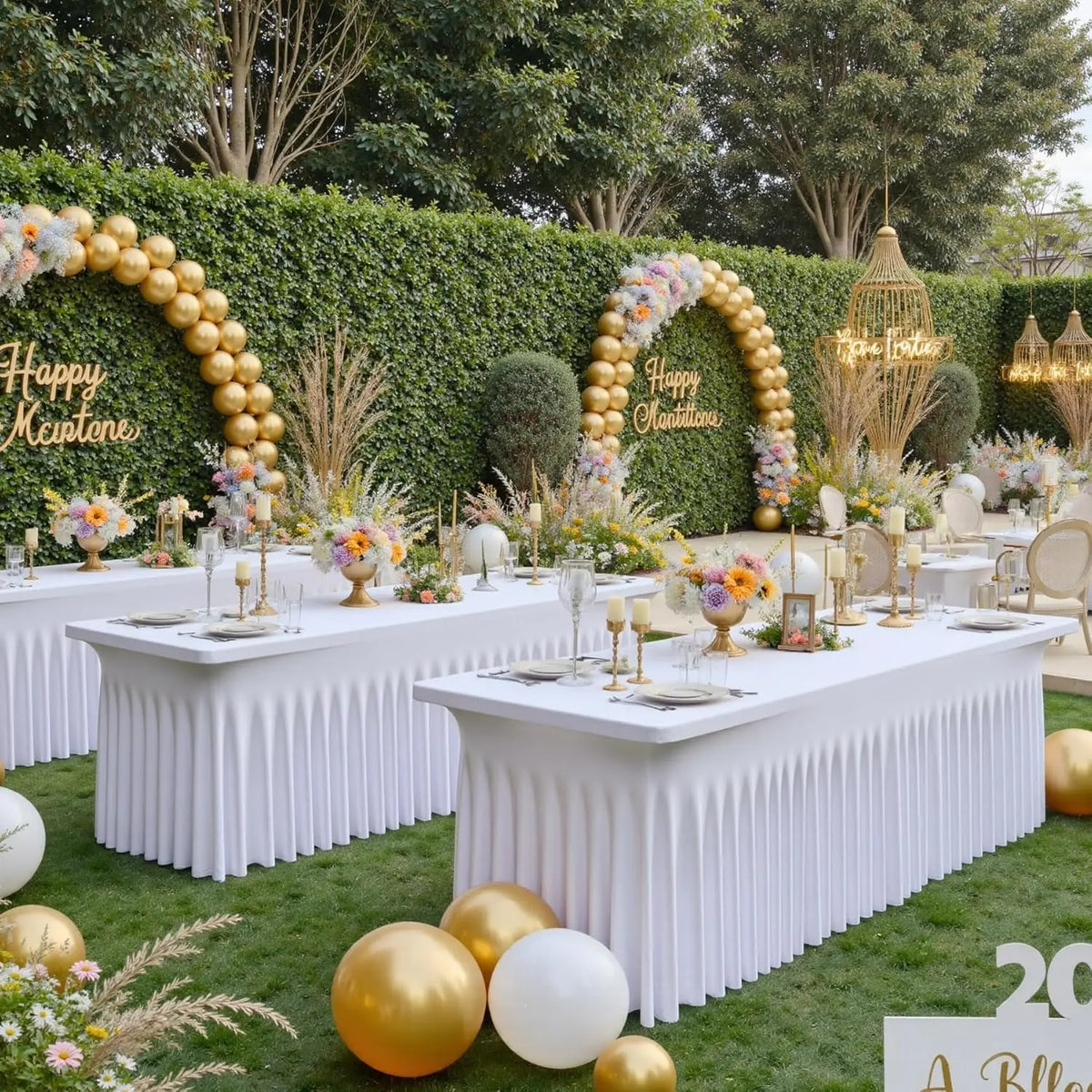 A long white pleated spandex tablecloth cover set up outdoors for an event with greenery and gold decor.