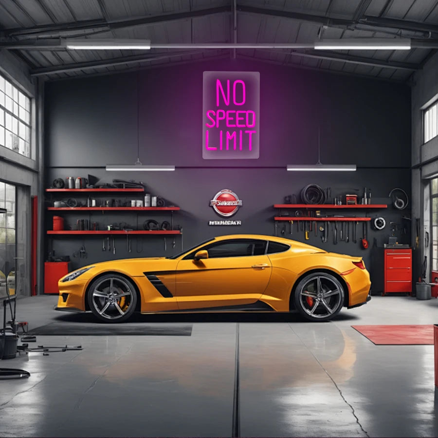 A yellow sports car is parked inside a garage with neon signs and tools on the walls.