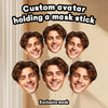 Group photo of four young men holding custom avatar face props on sticks