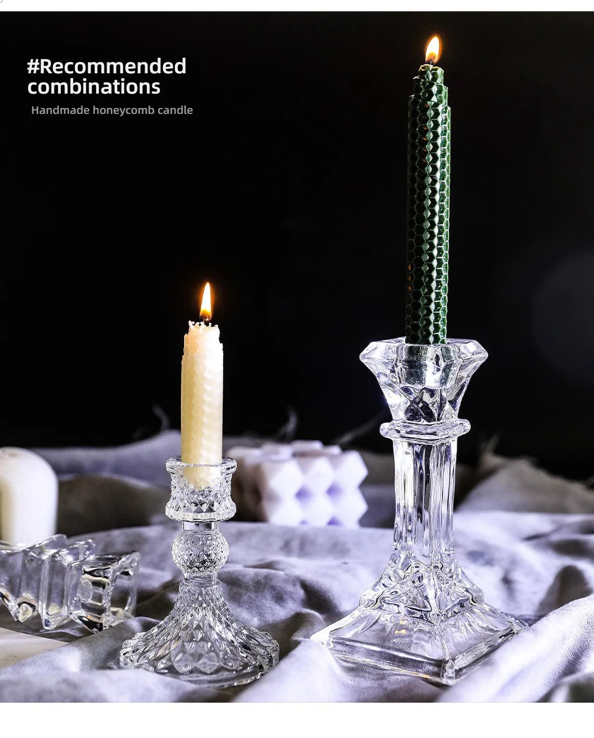 A tall green honeycomb candle in a clear glass pillar candle holder set against a dark background.