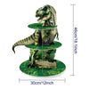 A three-tier dinosaur cupcake stand featuring a realistic dinosaur model on a wooden base.