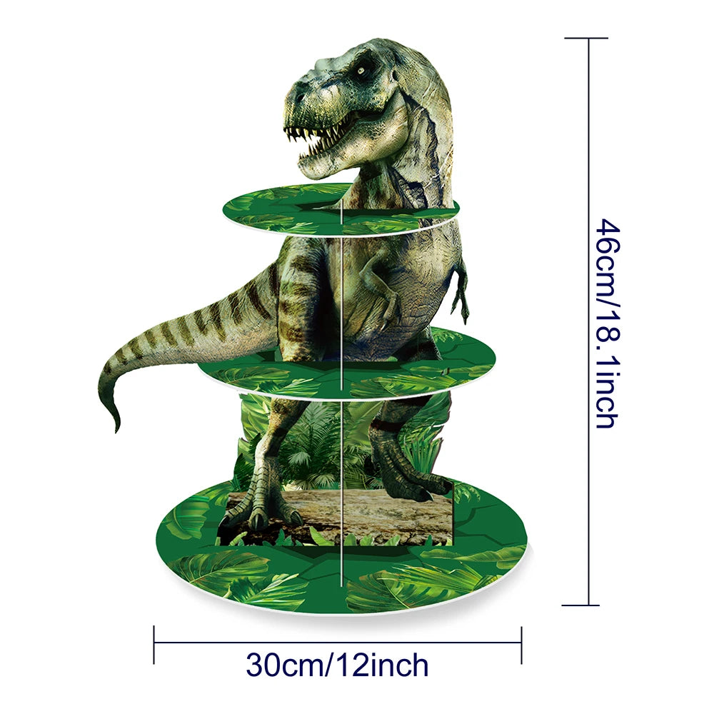 A three-tier dinosaur cupcake stand featuring a realistic dinosaur model on a wooden base.