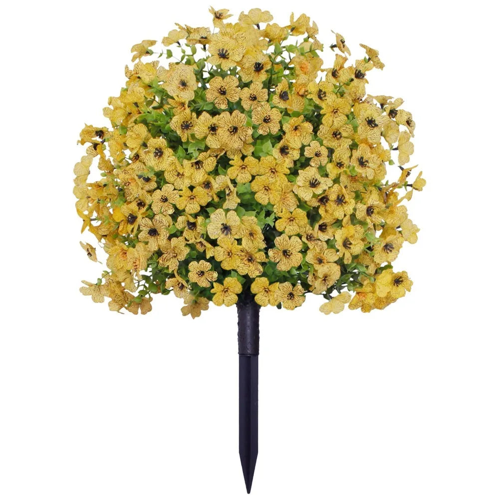 A dense arrangement of artificial yellow and green eucalyptus violet flowers on a black stem.