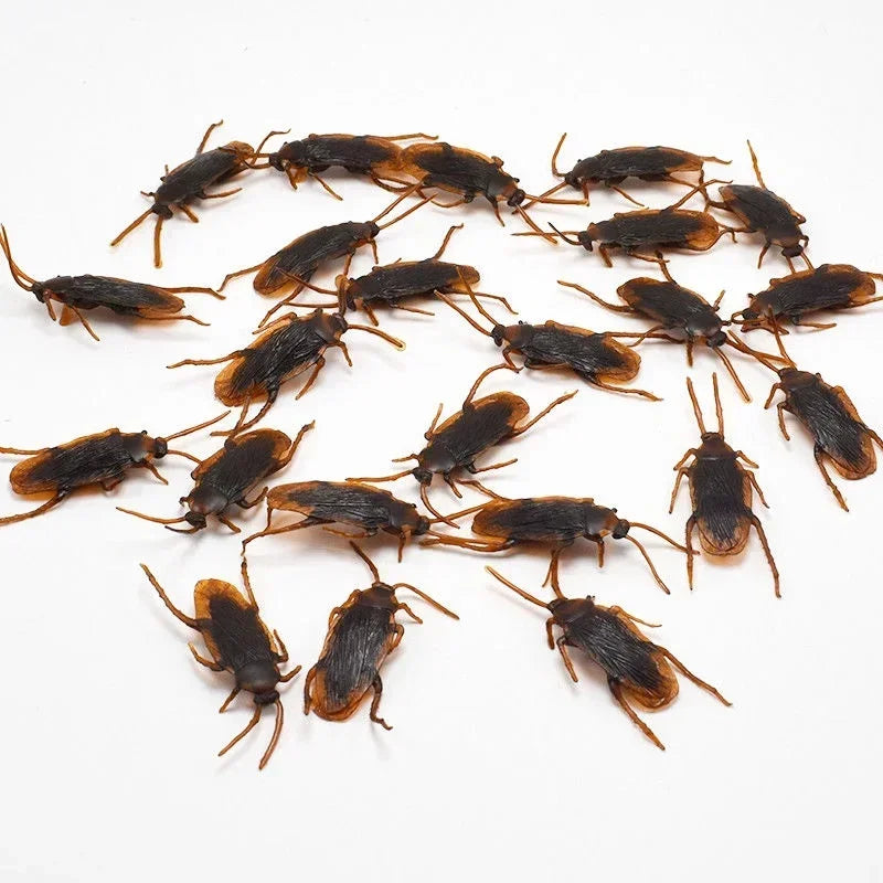 A collection of dark brown plastic cockroach gag toys scattered on a white background.