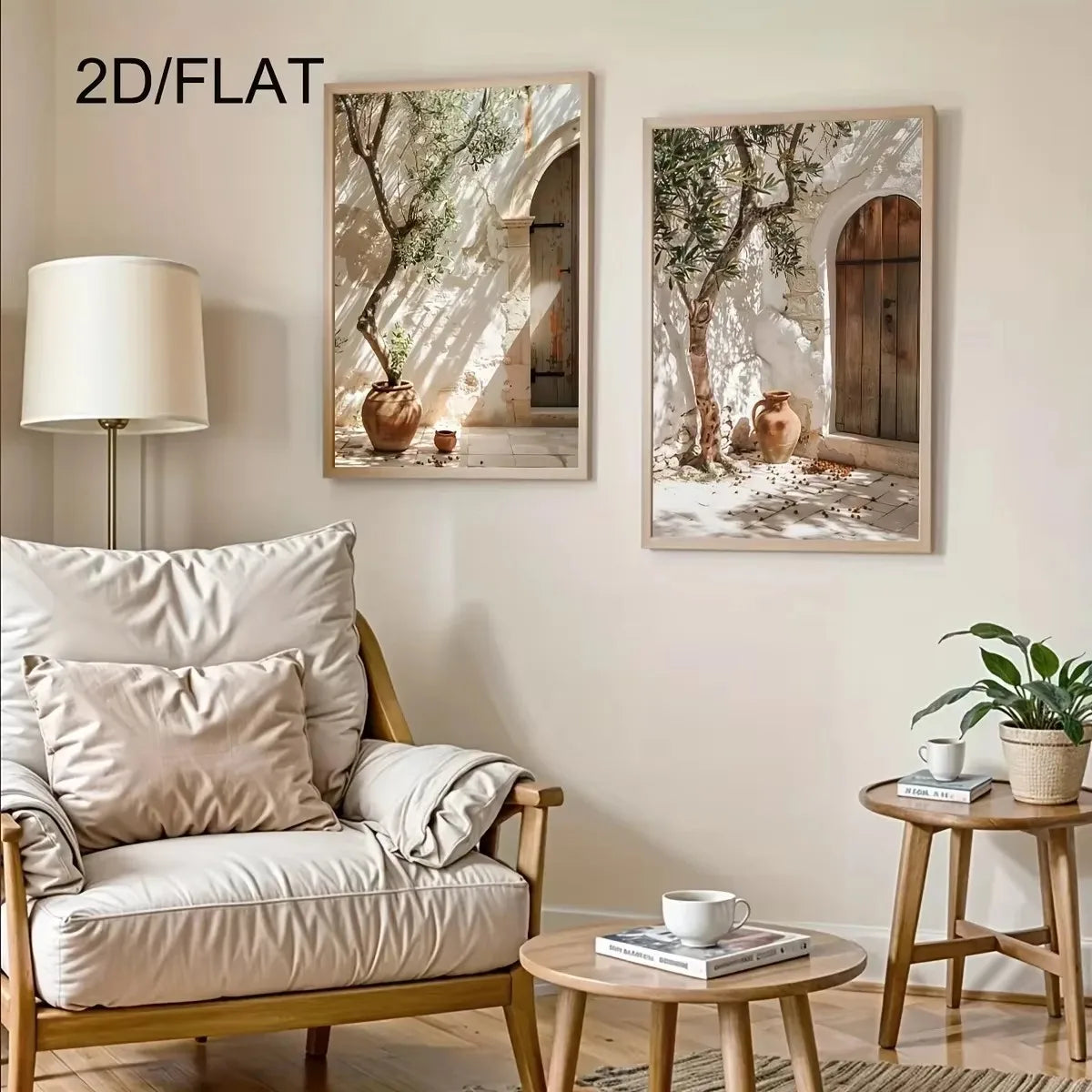 A living room scene featuring a light-colored sofa, a lamp, and two framed botanical canvas paintings of olive trees.