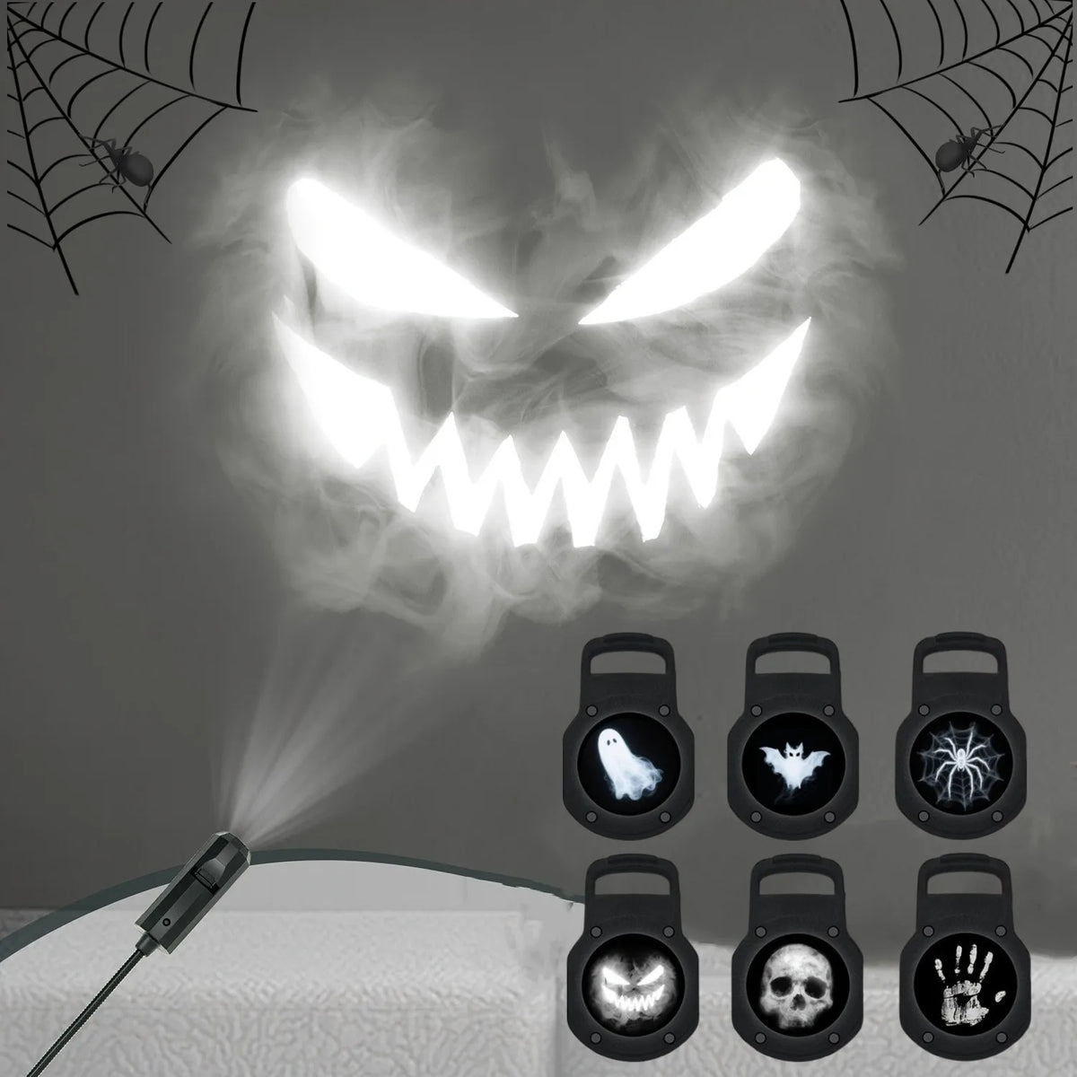 A Halloween ghost and skull projector night light emitting a bright white light through smoke.