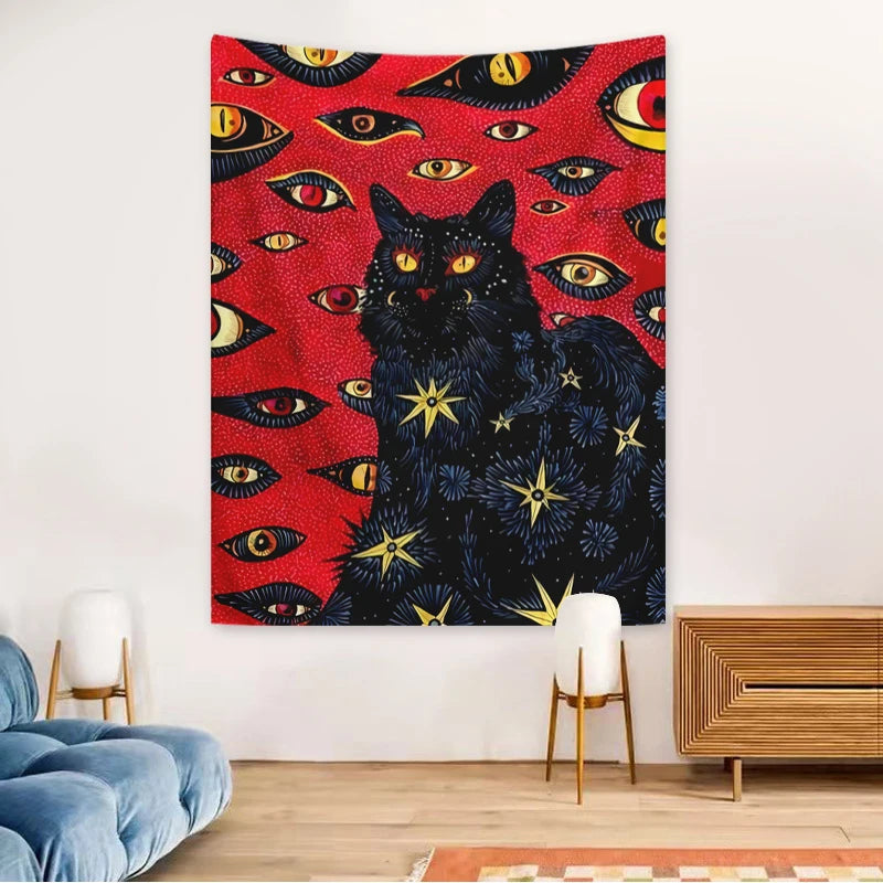 A tapestry wall hanging featuring a black cat with glowing yellow eyes against a red background covered in various watchful e