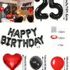 A set of red and black foil number balloons, heart balloons, and letter balloons for birthday decorations.