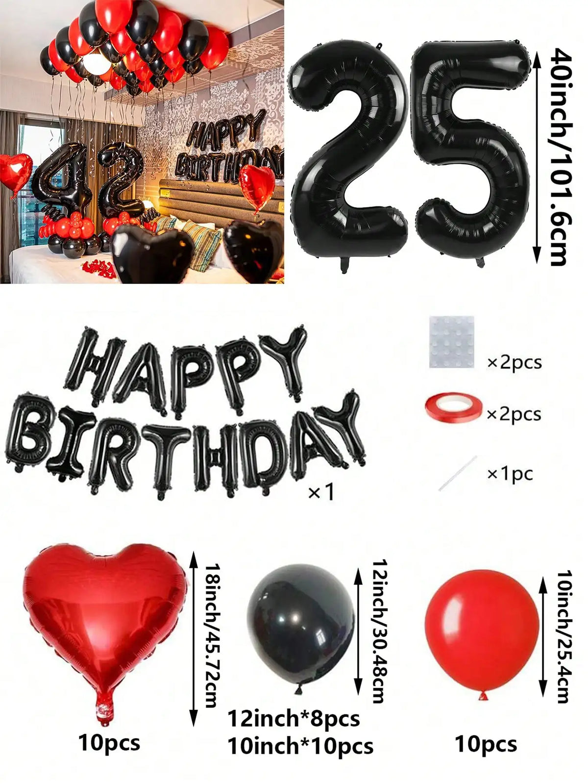 A set of red and black foil number balloons, heart balloons, and letter balloons for birthday decorations.