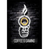 Gráfico de neón de una mano sosteniendo una taza de café brillante, representando café y gaming.