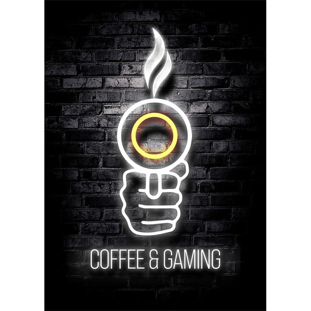 Gráfico de neón de una mano sosteniendo una taza de café brillante, representando café y gaming.