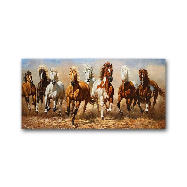 A painting of several horses galloping across a field under a bright sky.
