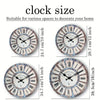 A set of rustic wooden wall clocks with distressed blue and white paint finishes shown in various sizes.
