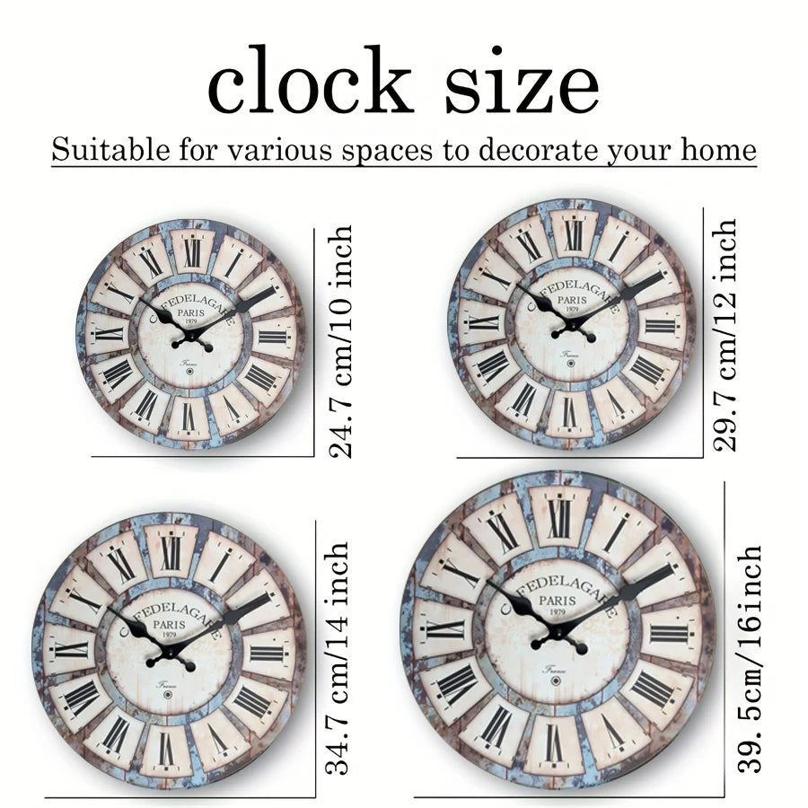 A set of rustic wooden wall clocks with distressed blue and white paint finishes shown in various sizes.