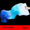 A white and blue gradient silk ribbon dance fan is shown open, displaying a vibrant color transition.
