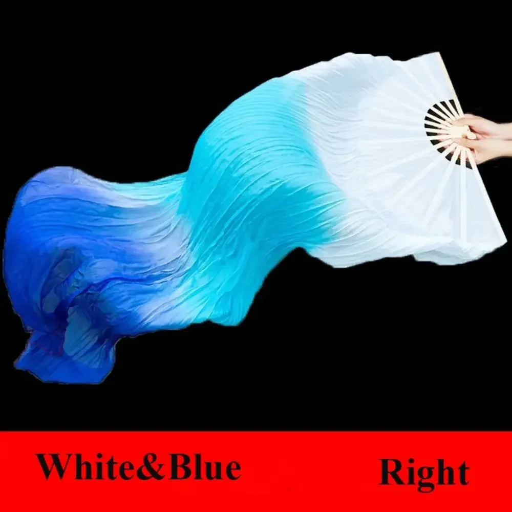 A white and blue gradient silk ribbon dance fan is shown open, displaying a vibrant color transition.