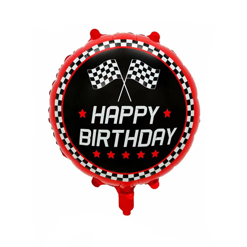 A red and black racing car shaped birthday party decoration with a checkered flag design.