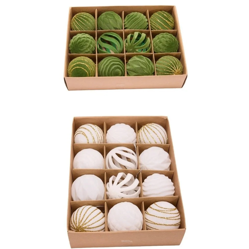 A box containing twelve green velvet Christmas hanging ornaments arranged in a grid.