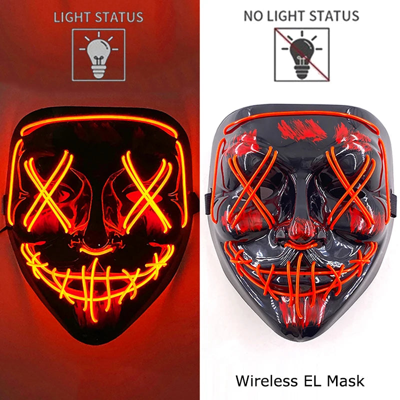 A black EL mask with glowing orange wire details, shown in both light and no light status.