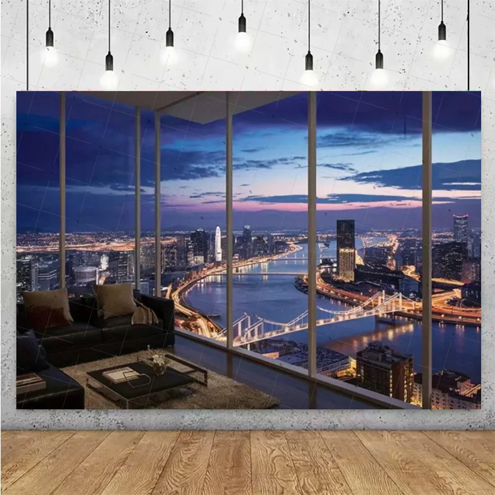 A photographic backdrop featuring a vibrant night city skyline with high-rise buildings and a bridge, viewed through large gl