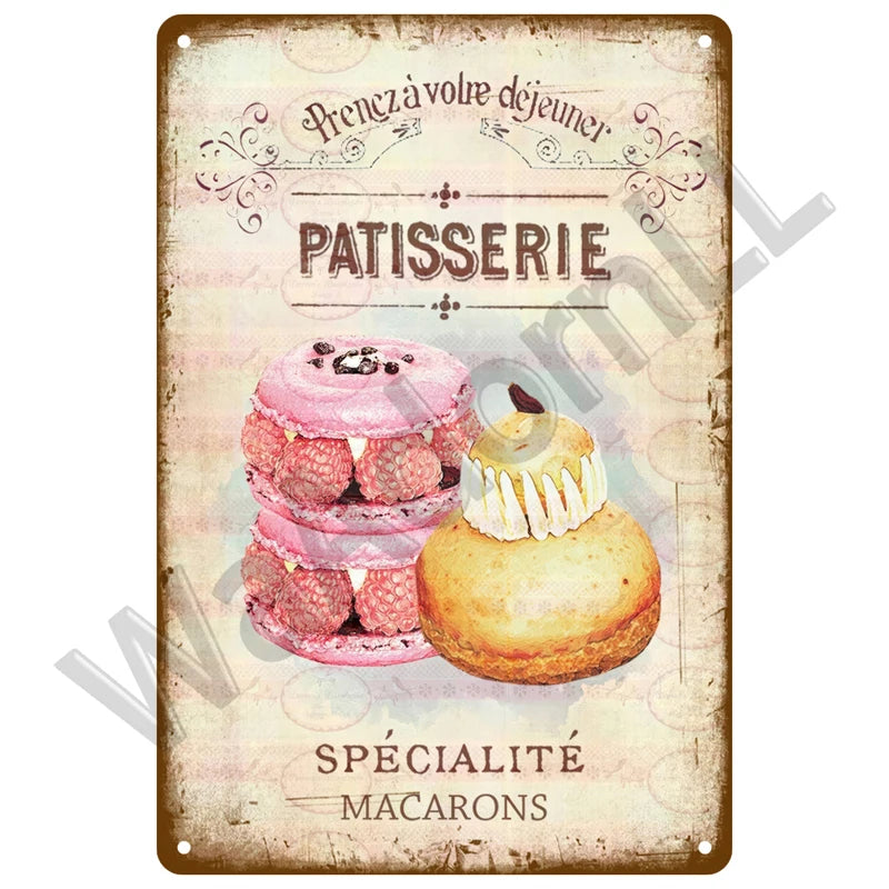 A vintage plaque advertising a patisserie specialty macarons featuring pink and yellow pastries.