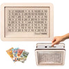 A wooden money saving box with a grid tracker showing various amounts of currency notes.
