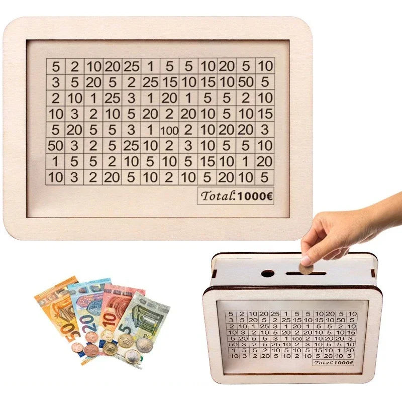 A wooden money saving box with a grid tracker showing various amounts of currency notes.