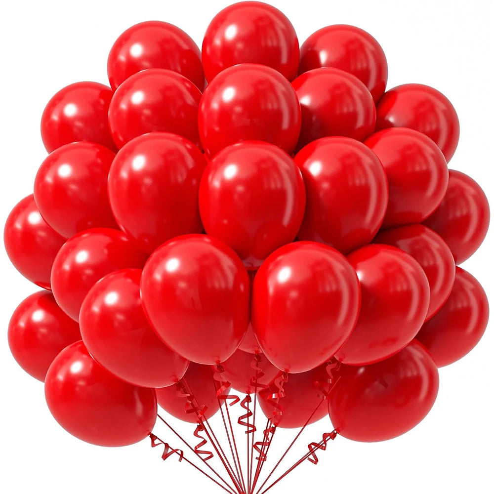 A bunch of red latex party balloons clustered together.