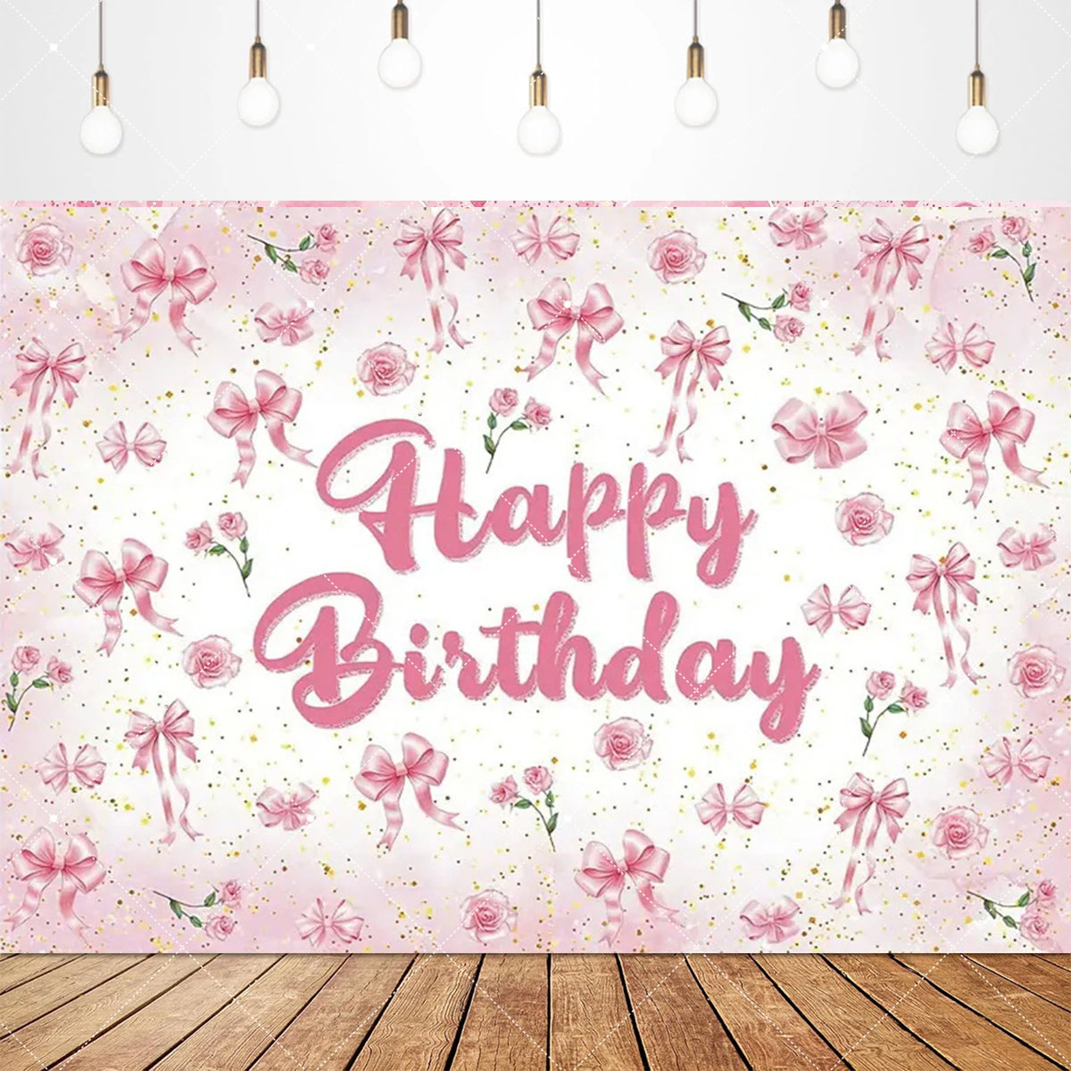 Pink bow tie birthday party backdrop banner featuring pink floral elements and glitter