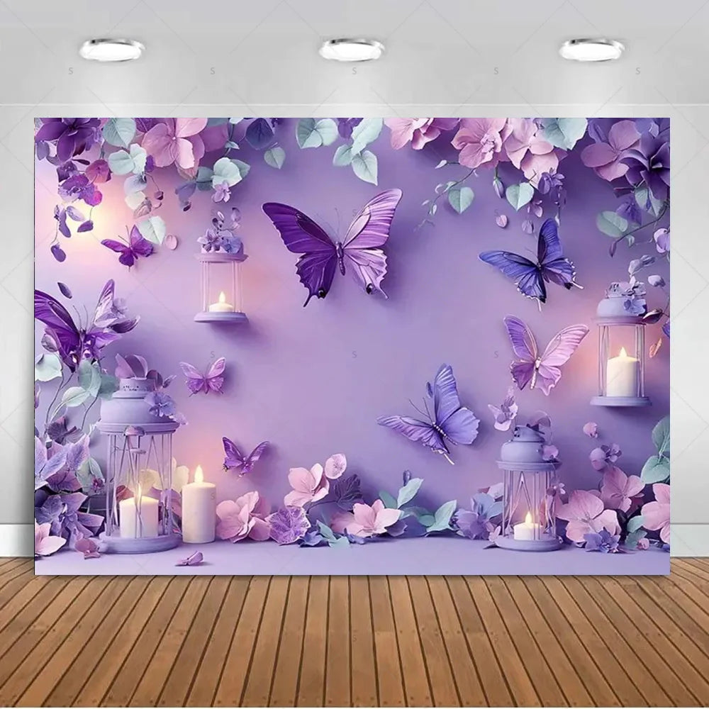 A purple floral backdrop featuring butterflies and glowing lanterns for birthday or wedding decor.