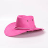 A bright pink classic western cowboy hat with a wide brim and adjustable drawstring.