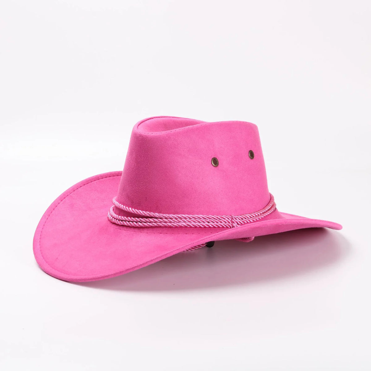 A bright pink classic western cowboy hat with a wide brim and adjustable drawstring.