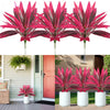 Tres vibrantes plantas tropicales artificiales de color rosa expuestas en diversos entornos interiores y exteriores.