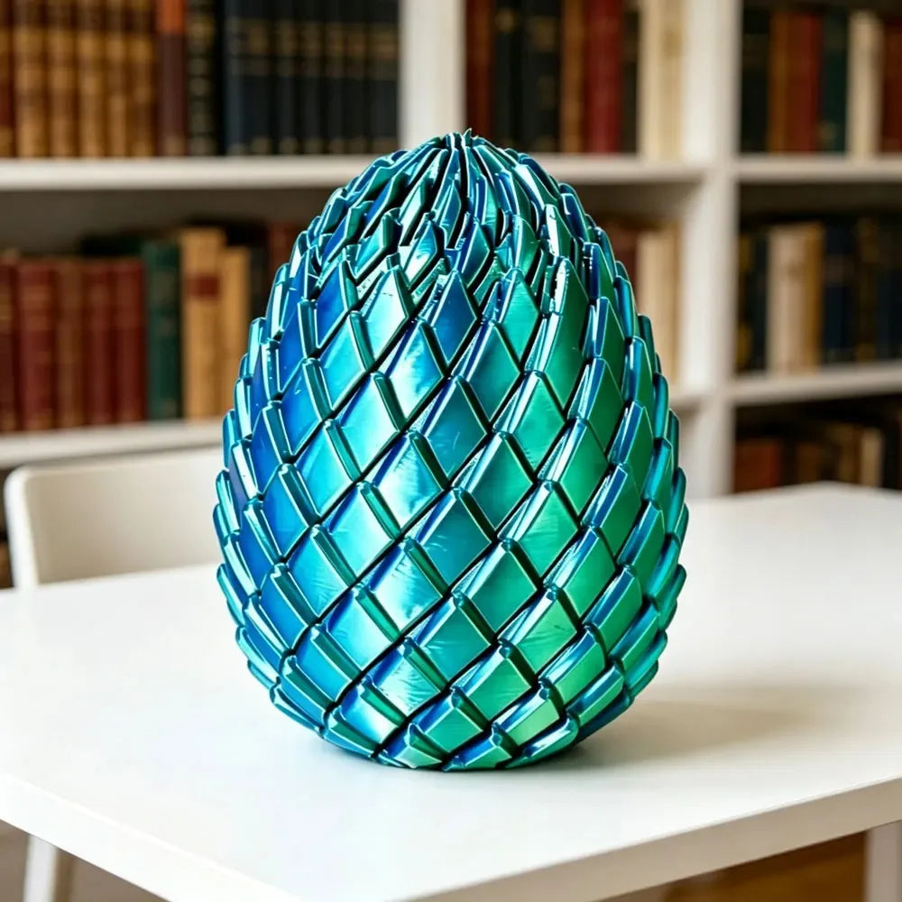 A vibrant blue, textured dragon egg fidget toy resting on a white table in front of bookshelves.