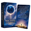 A dark blue box and a vertical card featuring a glowing blue planet and text about messages from the universe.